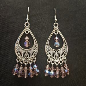 Antique silver teardrop and iridescent topaz glass crystal chandelier earrings